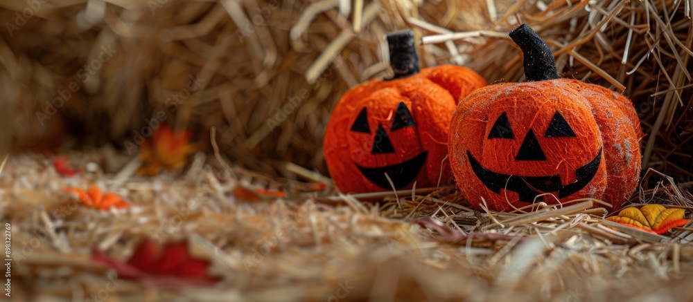 Aufkleber autumn themed decoration featuring pumpkins and fabric toy placed on straw background ideal for fall