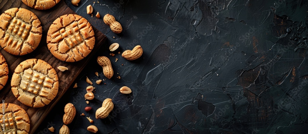Leinwandbilder black background for displaying a board of delicious peanut cookies and butter with copy space image