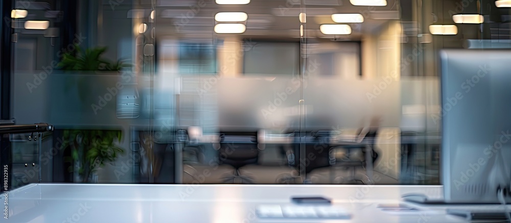 Poster blurry glass wall office background with a white table holding a computer and space for an image cap