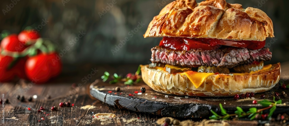 Poster burger wellington with marble beef cornichons tomato cheddar and dough presented in an american food