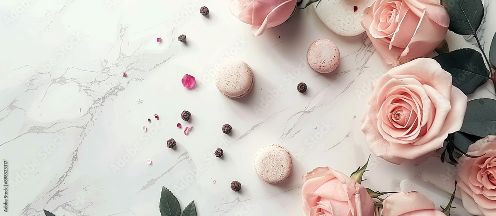 Poster copy space image featuring a flat lay top view of a composition crafted from roses and decorative el