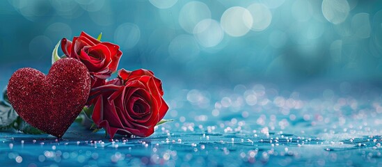 Detailed Valentine s Day background with red roses on a heart shaped bokeh set against a blue art paper backdrop Close up view with empty space for text or images. Creative banner. Copyspace image
