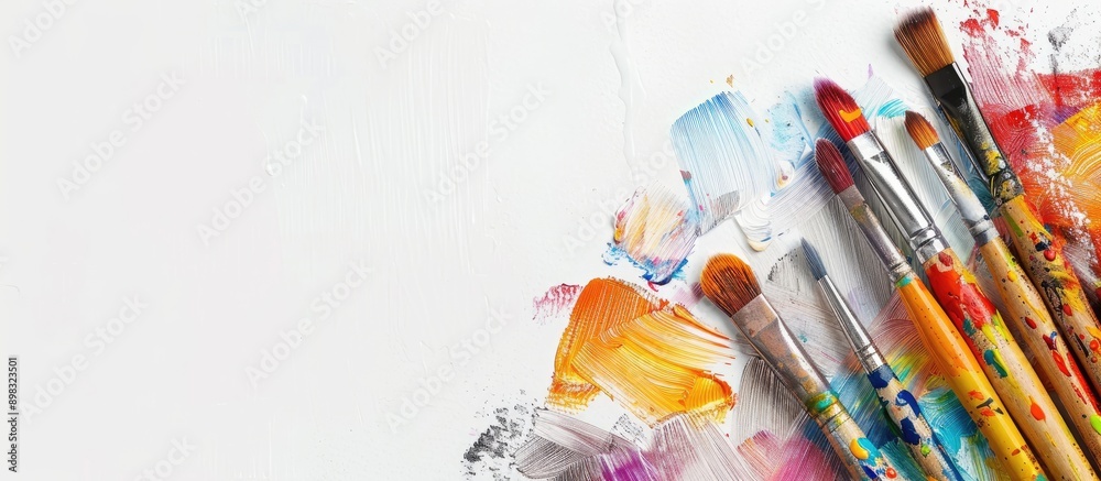 Aufkleber children s art brushes displayed on a white background with copy space image
