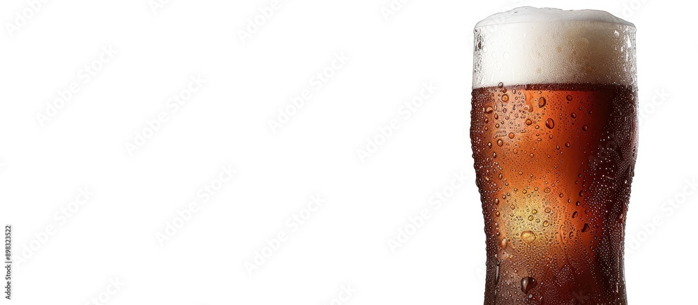 Poster close up of a frosty craft beer pint in a glass isolated against a white background with water dropl