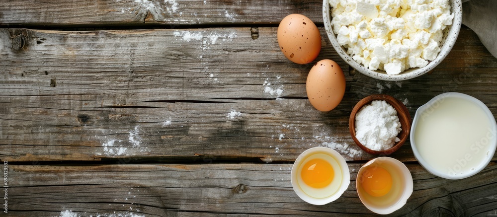 Poster View from above showcasing dairy products like cottage cheese sour cream milk egg and butter arranged on a rustic wooden table with ample copy space for additional elements in the image