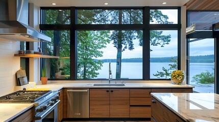 Fototapeta premium Contemporary kitchen with a unique lake-view window design 
