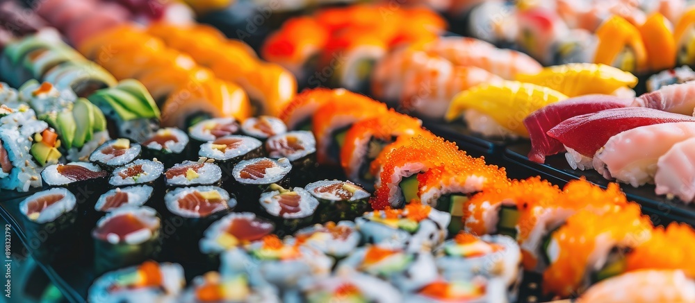 Poster Close up of vibrant sushi sets displayed as a background with a beautiful and bright appearance against the backdrop ideal for a copy space image