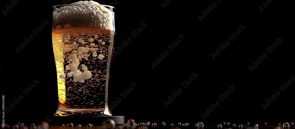 Poster Closeup image of a beer glass overflowing with frothy bubbles on a black background suitable for a brewery commercial with copy space image