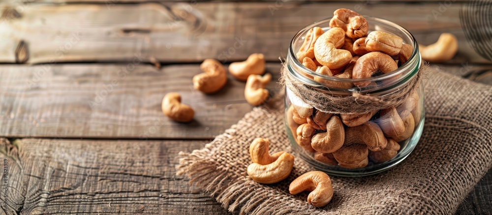 Poster cashew nuts displayed in a glass jar on a wooden background with copy space image