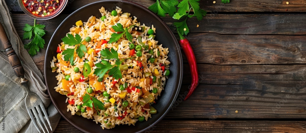 Poster Close up top view of a plate on a wooden table displaying delicious fried rice adorned with vegetables parsley and chili creating a rustic Indian and Asian cuisine copy space image