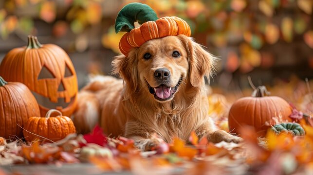 Golden Retriever in an orange Halloween pumpkin costume, sitting among autumn leaves and decorations