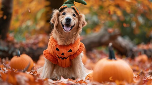 Golden Retriever in an orange Halloween pumpkin costume, sitting among autumn leaves and decorations