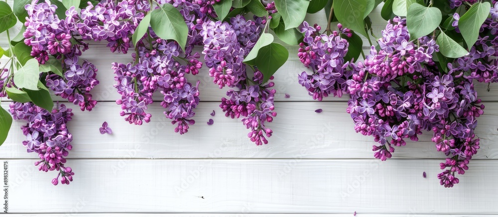 Poster Top down view of lilac flowers set against a white wooden backdrop with ample space for text or graphics copy space image