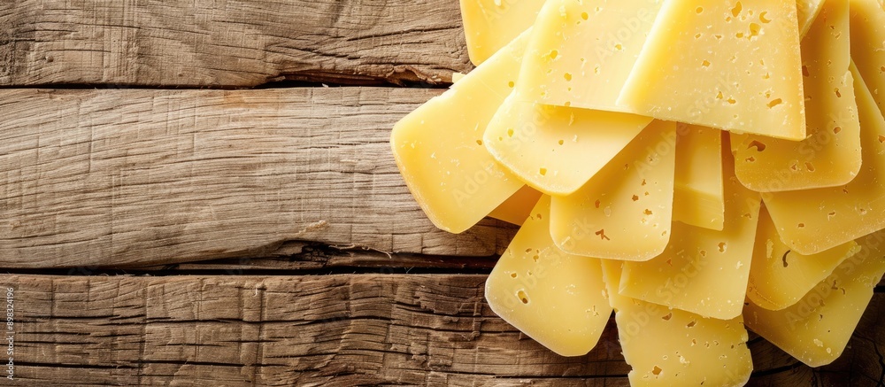 Poster Top down view of Maasdam cheese slices in yellow hue on a wooden backdrop with ample space for additional images