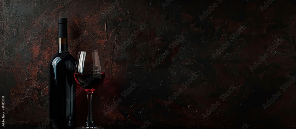 Poster A dark background sets the stage for a glass and bottle of red wine with room for copy space image