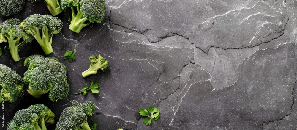 Poster display fresh whole and sliced broccoli on a textured slate stone plate against a gray background pe
