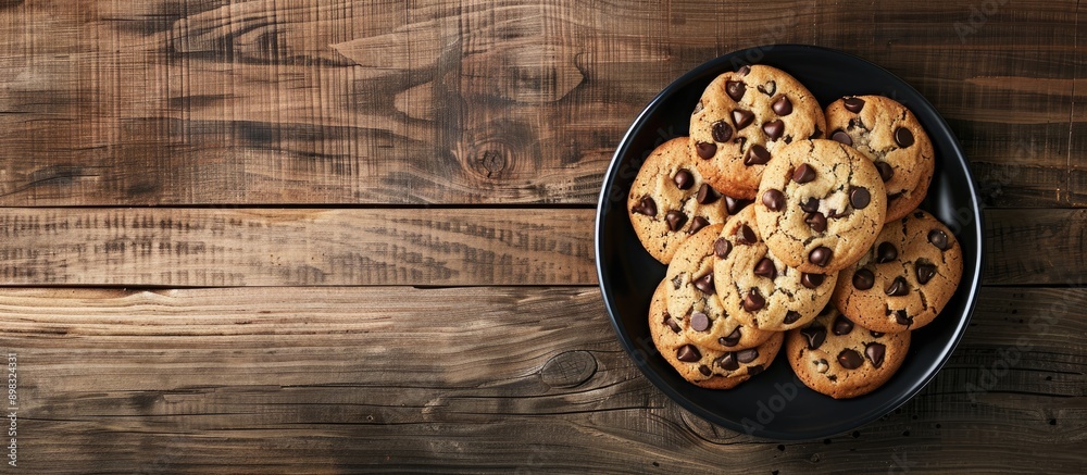 Poster A black plate with chocolate chip cookies on a wooden background seen from above with a clear area for additional images on the side