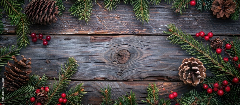 Poster top view of christmas tree branches pine cones and red berries on an old wooden background with copy
