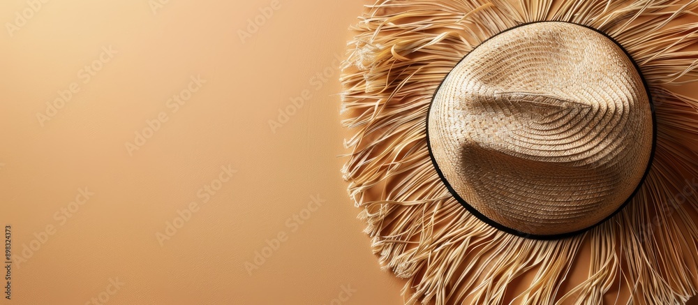Aufkleber Beige background with a straw hat allowing for text in the copy space image