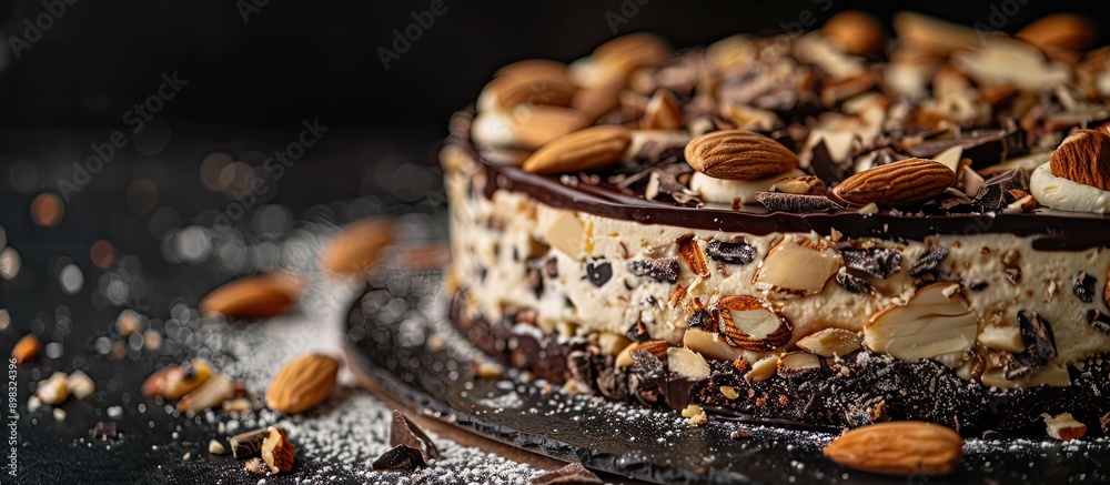 Poster Close up side view of a delectable cake featuring nuts almonds and both black and white chocolate on a dark background with ample copy space image