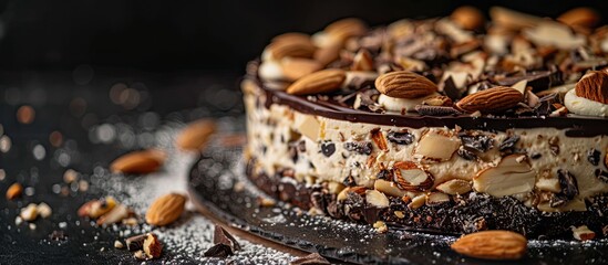 Close up side view of a delectable cake featuring nuts almonds and both black and white chocolate on a dark background with ample copy space image