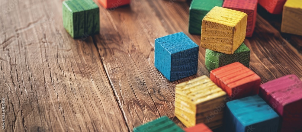 Poster colorful toy blocks arranged on a wooden floor with a copy space image available