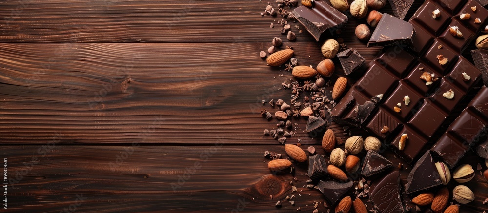 Poster colorful wooden background with chocolate pieces and nuts creates an appealing copy space image