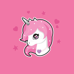 Cute cartoon character magic unicorn with rainbow horn, pink hair, flower. Vector illustration isolated on a pink background. For prints, design, posters, stickers, cards, decoration, kids clothes