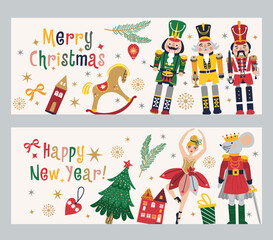 Happy New Year Nutcrackers Vector banners set on Light Background. Postcard. Childish rocking horses. Christmas illustration.