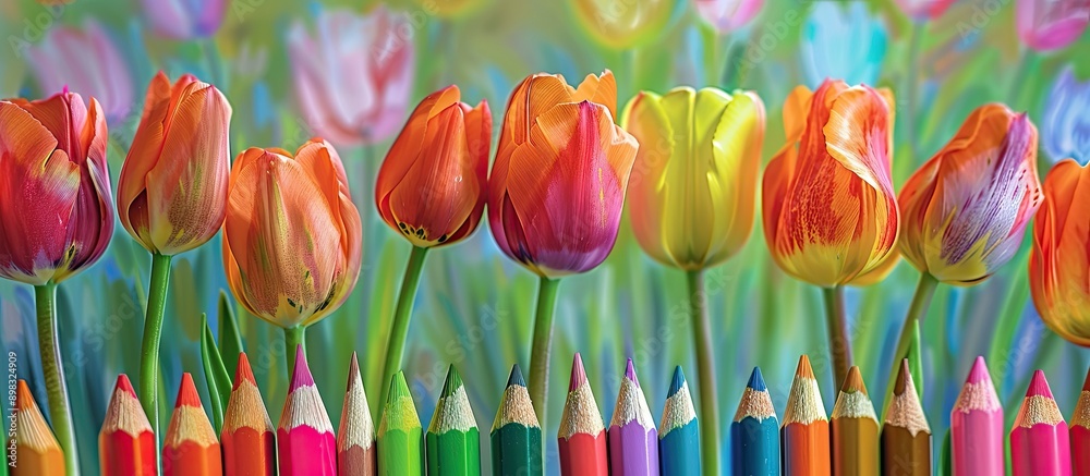 Poster Colorful tulips displayed against a backdrop of assorted pencil hues creating a vibrant artistic copy space image