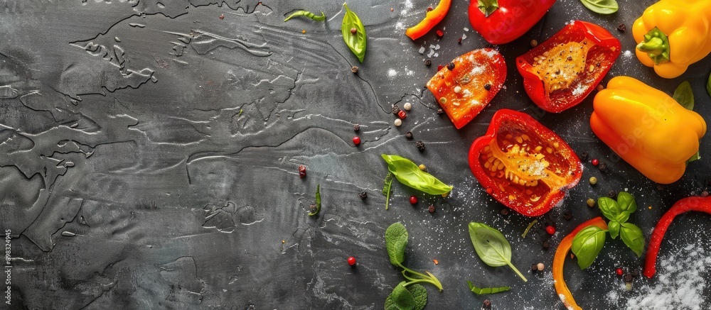 Poster Dark grey table with delicious baked parsnip and bell pepper on parchment suitable for copy space image