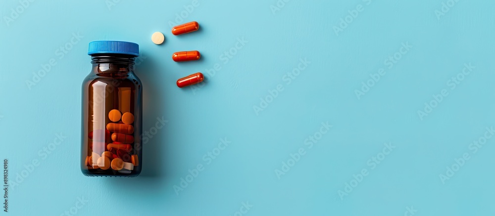 Poster top view of a bottle and vitamin capsules displayed against a blue backdrop with copy space image