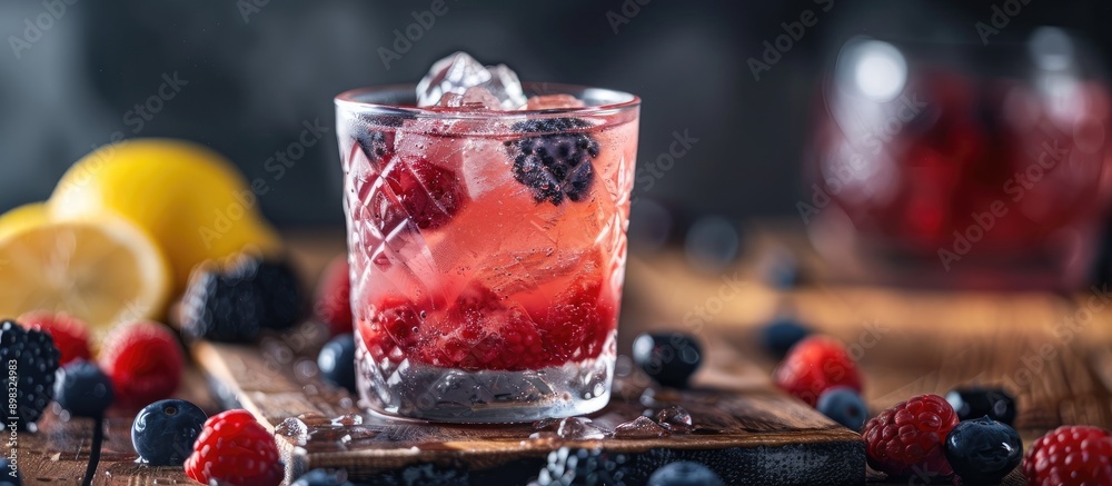 Poster A cocktail with ice berries and lemon placed on a wooden surface with a focused composition offering ample copy space image