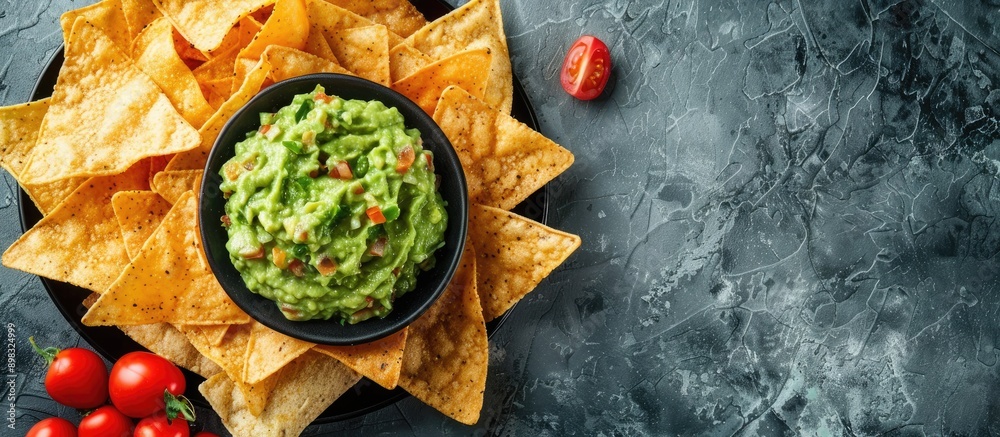 Poster top down view of nachos with guacamole displayed on a gray concrete surface perfect for a copy space