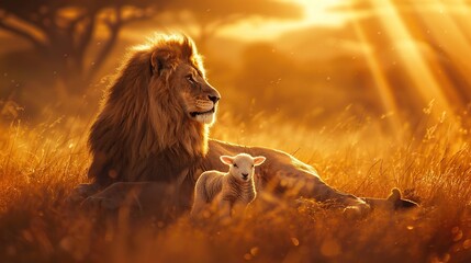 Naklejka premium A lion and a lamb sitting together in a serene and warm environment, symbolizing the lion of judah and lost lamd in a peace and harmony