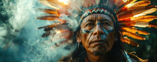 Indigenous Man in Traditional Headdress with Smoke in the Background