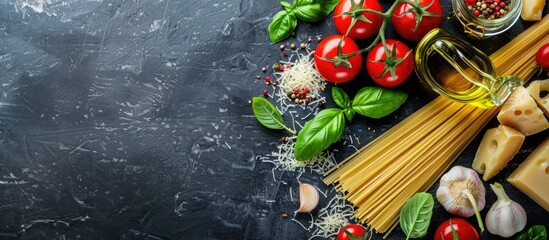 Top down view of ingredients for classic Italian cuisine including spaghetti tomato basil garlic cheese olive oil on a black table with a copy space image available