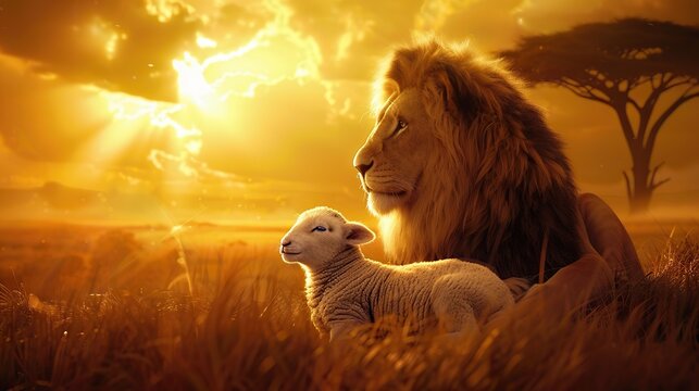 A lion and a lamb sitting together in a serene and warm environment, symbolizing the lion of judah and lost lamd in a peace and harmony