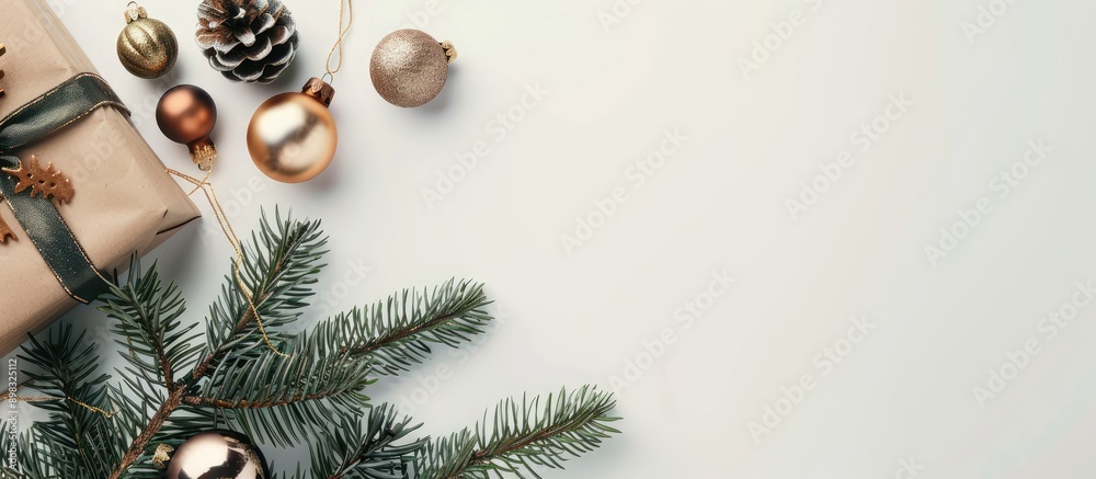 Poster A flat lay composition showcasing a festive arrangement of an evergreen branch holiday ornaments and a gift box on a white surface with copy space image