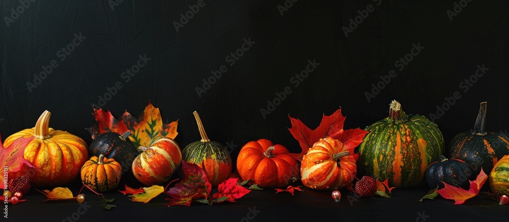 Fototapete Autumn display of colorful pumpkins and leaves against a black backdrop with space for text in the image. Creative banner. Copyspace image