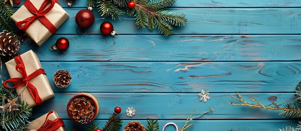 Aufkleber a blue wooden table displaying christmas items with available copy space for a festive background im