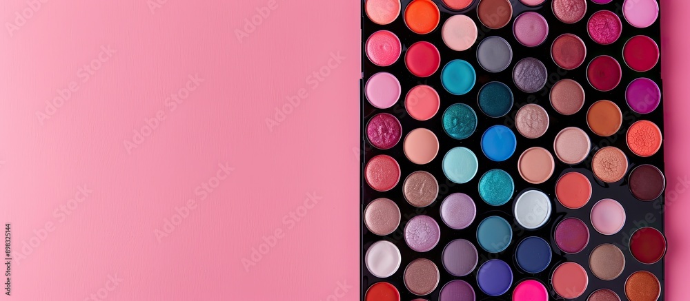 Poster Colorful makeup shades displayed on a pink table in a top view flat lay setup with available copy space image