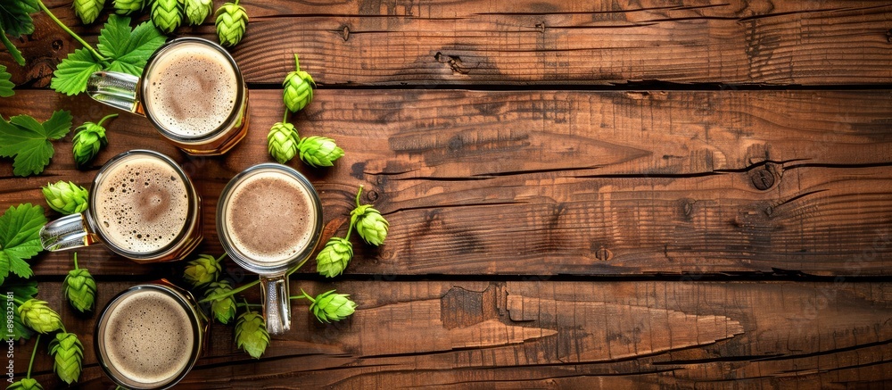 Poster top view of beer mugs with hop cones on a wooden tabletop with copy space image