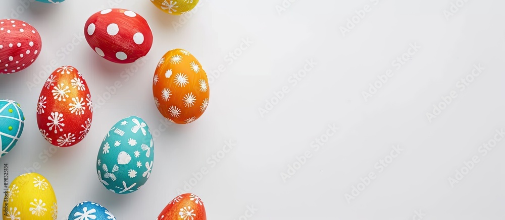 Aufkleber Colorful Easter eggs on white background create a stylish image suitable for various uses featuring a flat lay with top view for a mockup or template with copy space image