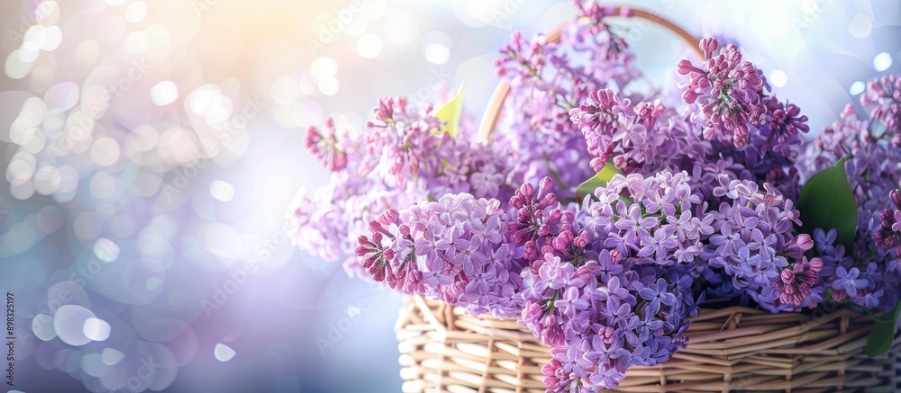 Poster Close up of a basket filled with fragrant lilac flowers set against a bright background with ample copy space image