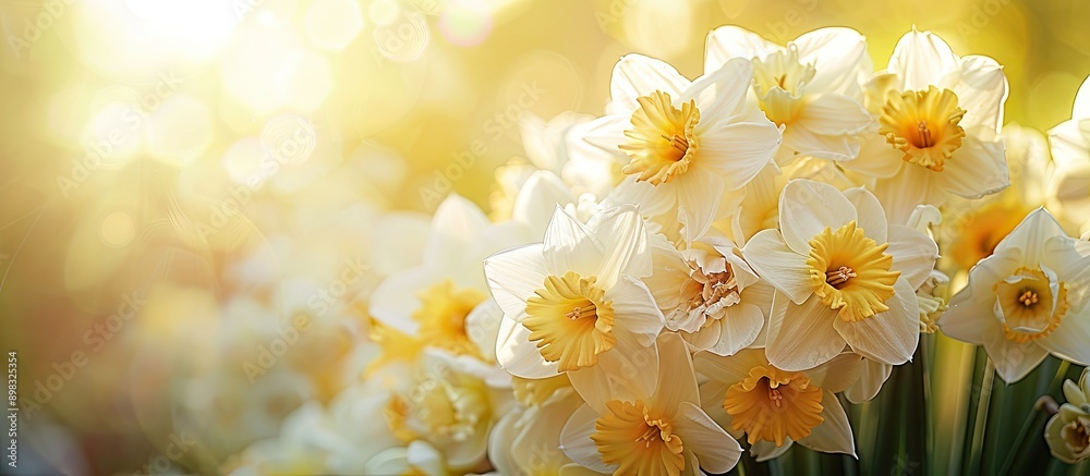 Poster Bright backlight illuminates a bouquet of yellow and white spring daffodils featuring Narcissus centered in the copy space image
