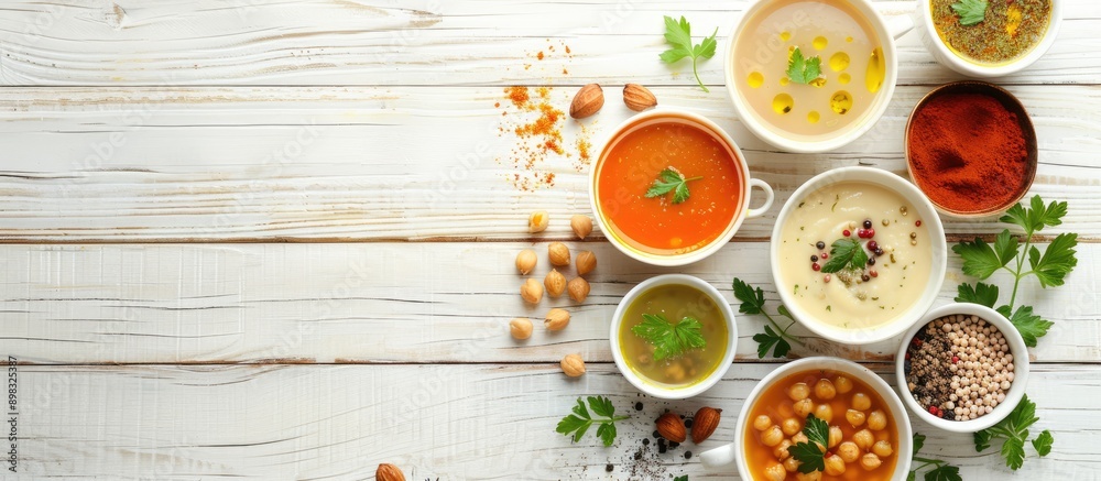 Poster A delicious chickpea soup arranged on a white wooden table with spices creating a visually appealing copy space image