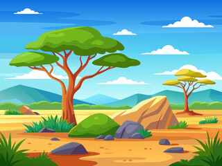 African savannah landscape with trees, rocks, and open grassland under a clear blue sky