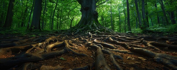 Fototapeta premium Intricate Tree Roots in a Lush Green Forest Nature Photography