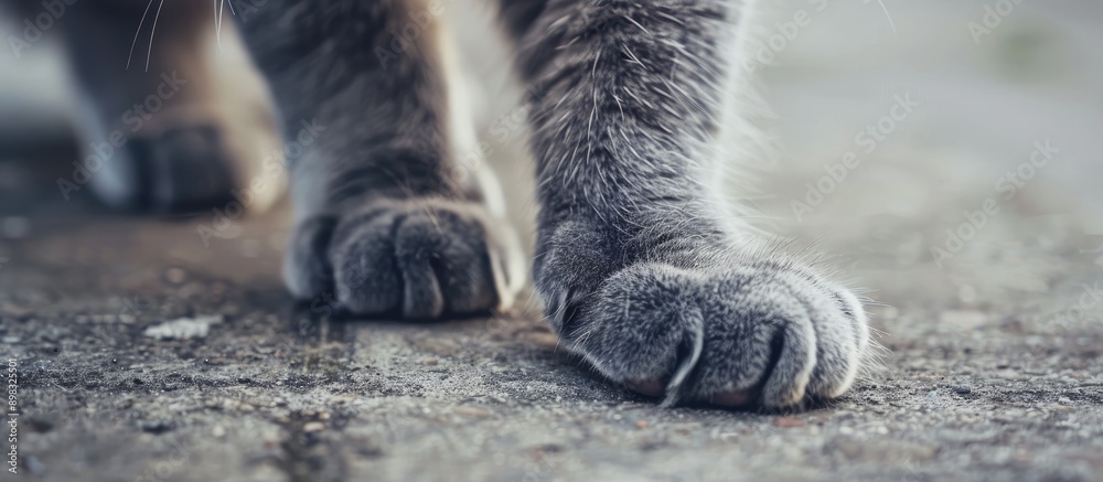 Poster Close up image showing a gray cat s paw on a cement floor with copy space
